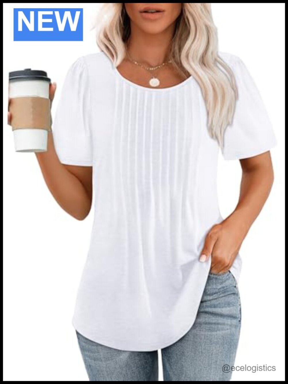Women's Loose Fit Pleated Scoop Neck Short Sleeve Tunic Top Blouse